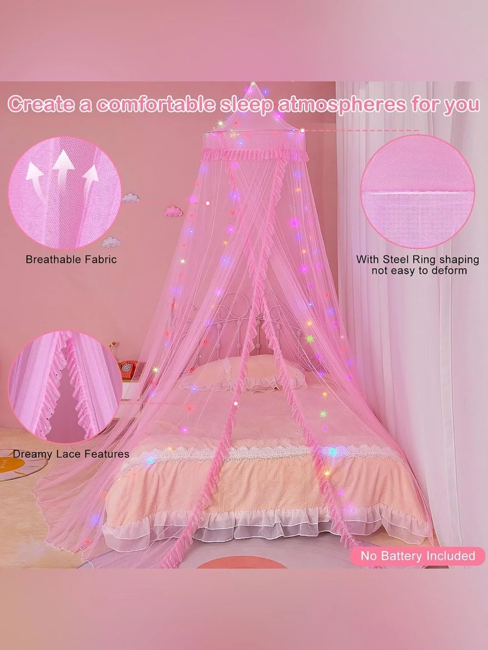 Pink Canopy Bed Net with Multicolor with LED Lights